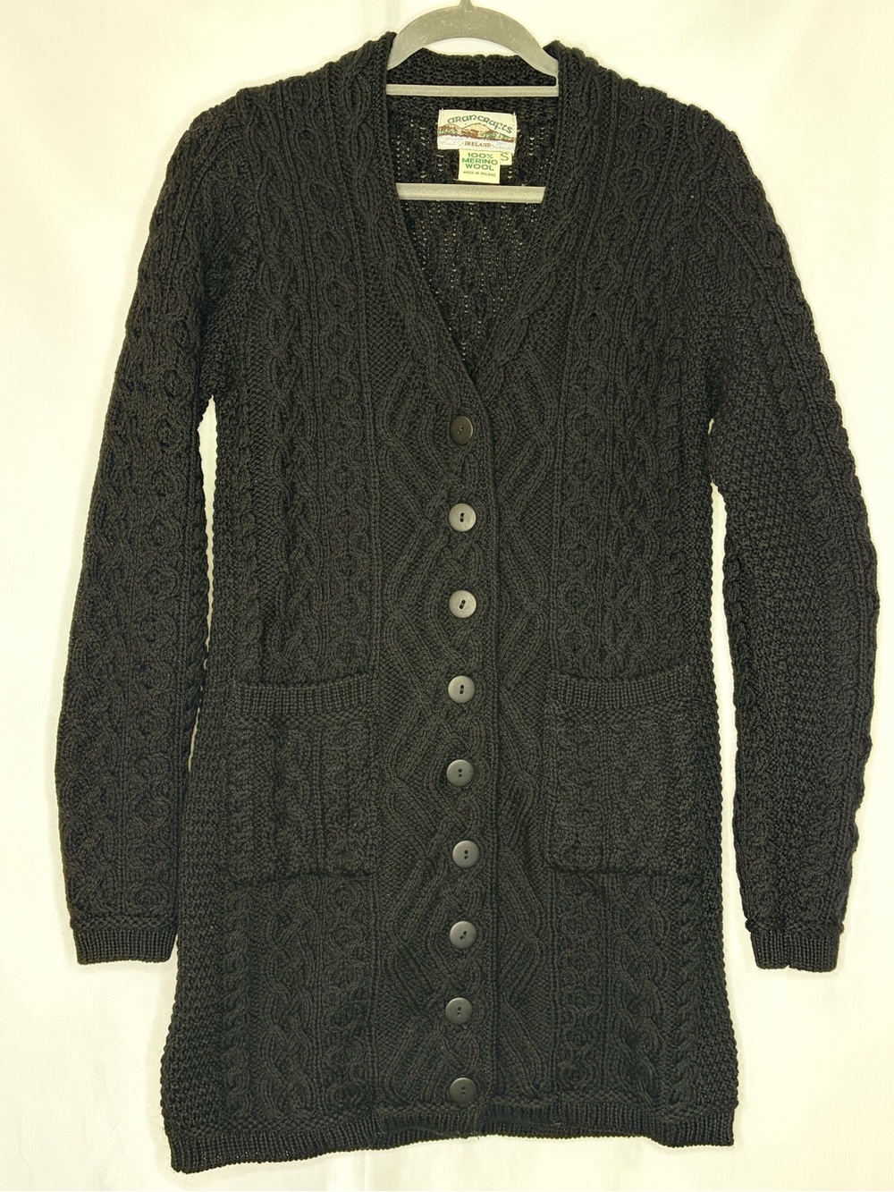 Aran Crafts Irish Merino Wool Fisherman Cable Knit Sweater Coat Black S